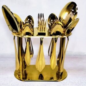 29 Pcs Gold Plated Stainless Steel Cutlery Set – Luxury Tableware for 6 Persons | Dinner, Tea & Serving Spoons with Stand